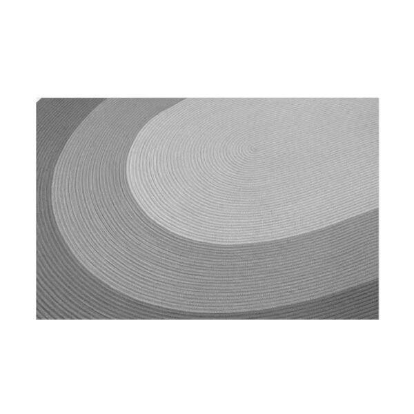 Custom woven gluefree wool rug showing grey and white concentric oval pattern with visible texture and weave structure