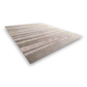 Custom hand-tufted large wool rug in neutral tones with horizontal striped pattern in varying shades of beige, taupe, and grey