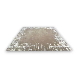 Custom hand-tufted square wool rug in taupe with white abstract geometric border pattern resembling digital or circuit board design