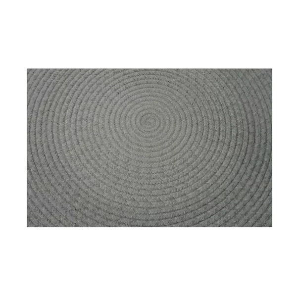 Woven gluefree wool rug showing charcoal grey concentric circle pattern with visible rope-like texture and braided weave construction